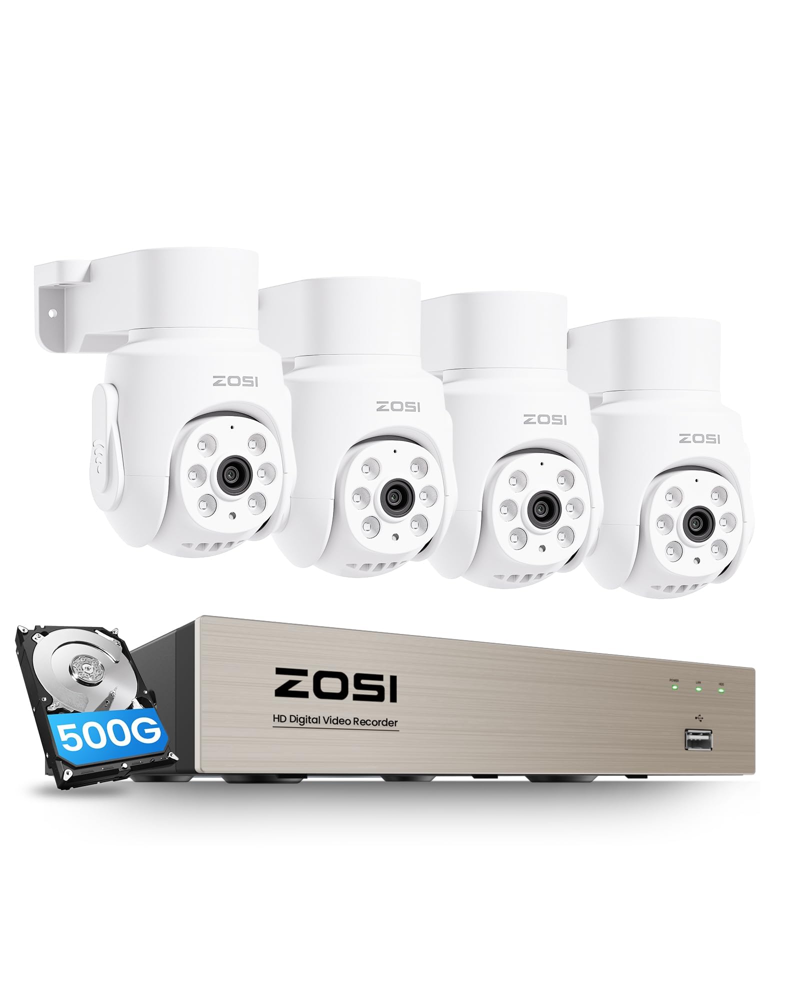 ZOSI 2MP Kabelgebunden Überwachungskamera Set mit Audio, 8CH 500GB DVR und 4X PTZ TVI Aussenkameras, Personen- und Fahrzeugerkennung, Audioaufnahme, IR Nachtsicht