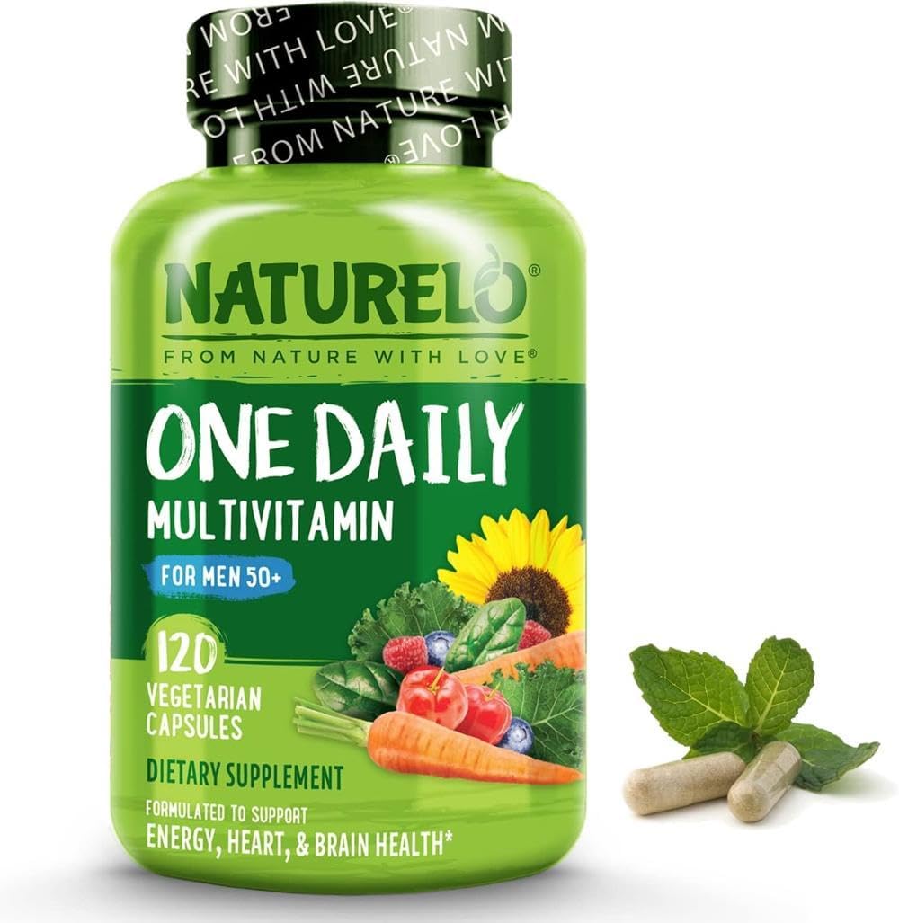 Menโs 50+ Multivitamin Easy One a Day | 120 Vegan Capsules (4 Month Supply) | 29 Essential Vitamins, Minerals & Fruit & Veg Extracts, for Menโs Health and Vitality | NATURELO