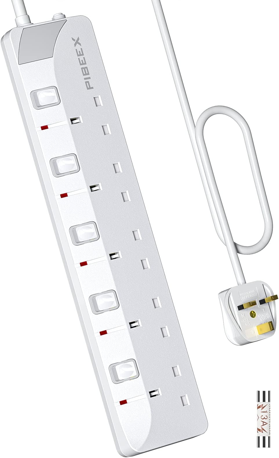 Extension Lead 5 Way Multi Plug Extension Sockets with Individual Switches Wall-Mounted Power Strip 1.5M Extension Cord 13A Fused UK Plug 3250W