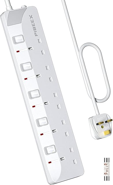 PIBEEX Extension Lead 5 Way Multi Plug Extension Sockets with Individual Switches Wall-Mounted Power Strip 3M Extension Cord 13A Fused UK Plug 3250W