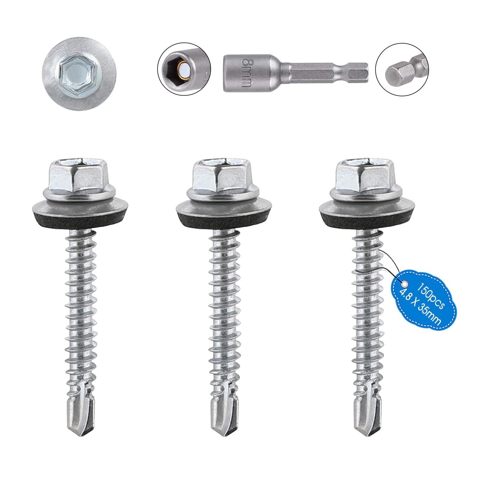 SUPAWAY 150 Stück Blechschrauben 4,8x35 mm Selbstbohrende Schrauben, Silber | Spenglerschrauben mit Dichtscheibe Metalldachschrauben STAHL Dachschrauben mit 1 Stk Sechskant Bit Steckschlusselsatz M8
