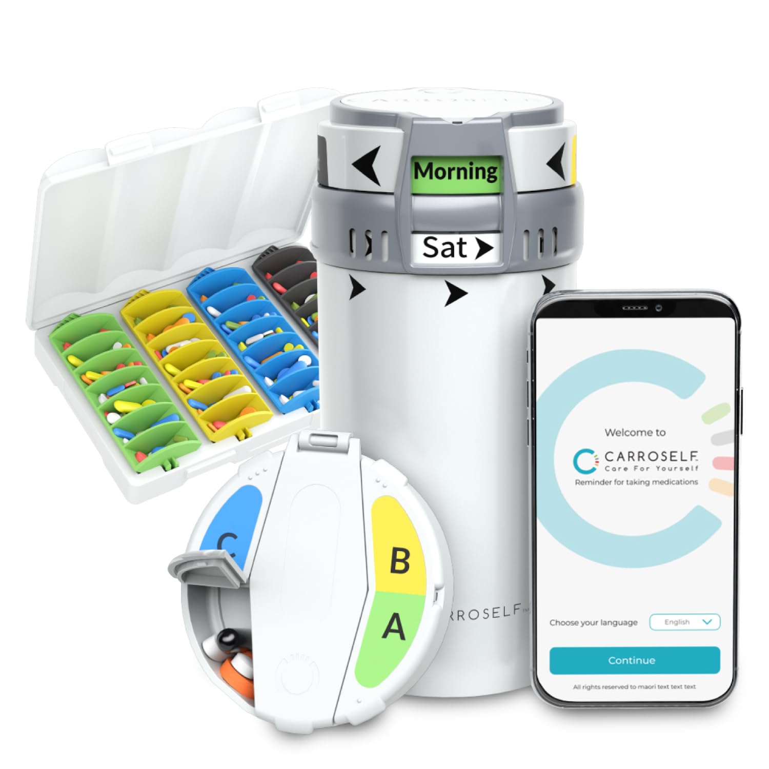Complete Pill Dispenser System with to-Go Box Pill Cutter Extra Cartridges Weekly AM PM Pill Organizer for 4