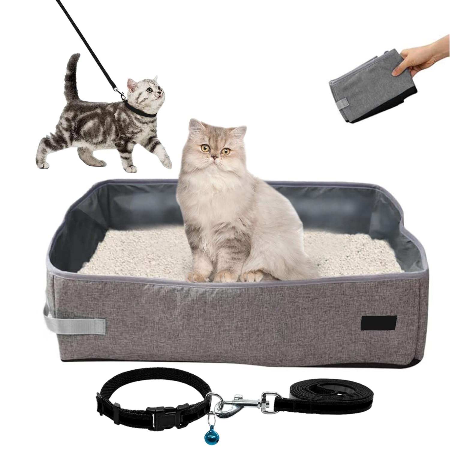 Risan Foldable Cat Litter Box with Cat Coller & Leash Waterproof Liner Easy Indoor Outdoor Cat Litter Box Reuseable Cat Litter Box Portable Folding Cat Litter Box with Handle, 45x36x15cm