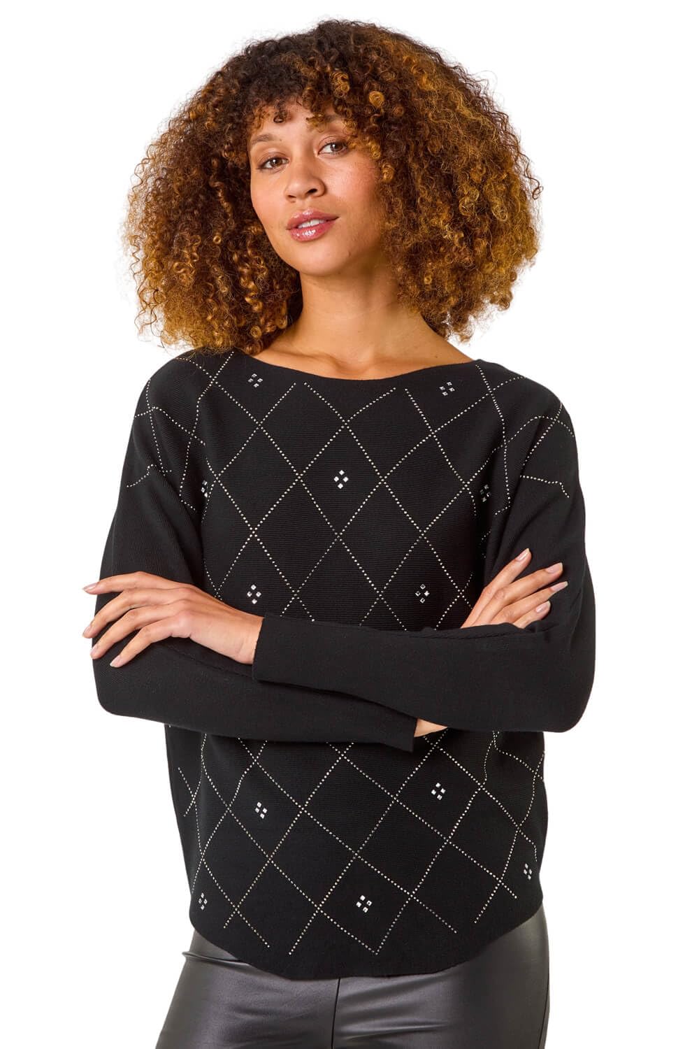 Roman Originals Women's Noir Sparkle Diamante Embellished Jumper Sparkly Sequin Sweater Batwing Autumn Winter Sparkle Knit Knitwear Glittery Shiny Casual Evening Going Out Party - Small