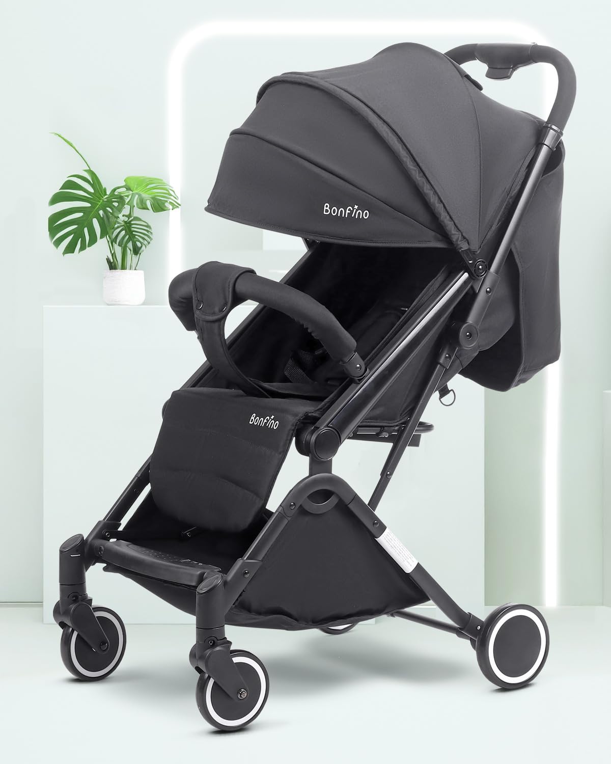 Bonfino Feather Lite Premium Cabin Baby Stroller with 5-Point Safety Harness&Multi-Reclining Seat,Baby Stroller for 0-3Years Foldable,Lightweight Pram for Baby,Swivel Wheels,Large Storage Basket,Black-image-1