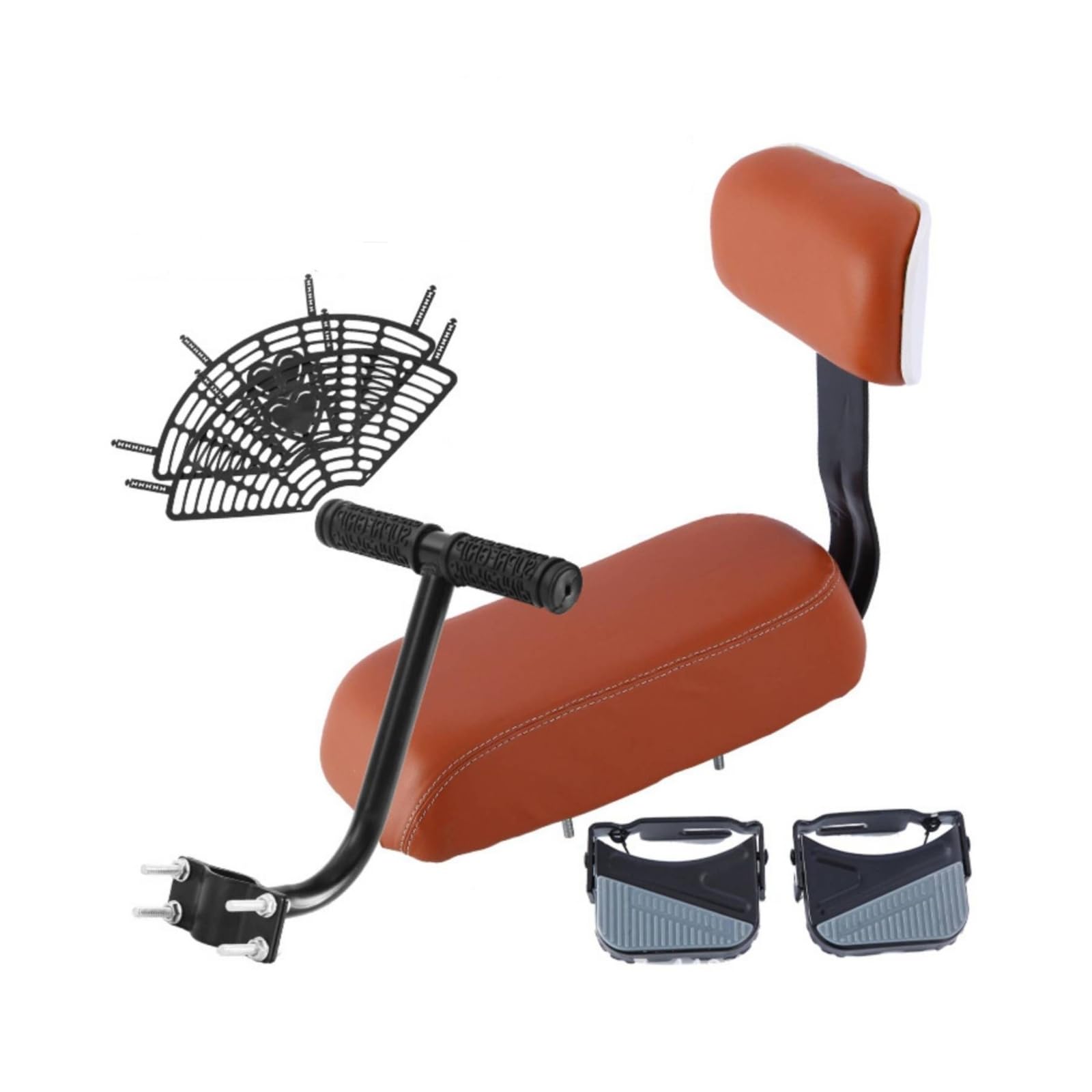 Seggiolino Bici Bambini Sedile Posteriore Cuscino Schienale Poggiapiedi in Pelle PU E Schiuma Elastica Montaggio su Portapacchi Adatto a Passeggiate, Marrone, style to 10
