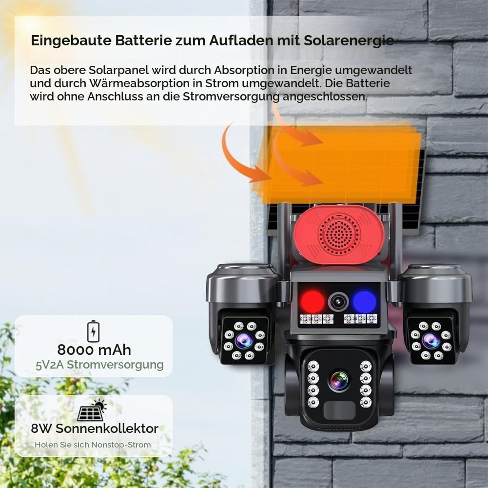 Solar Überwachungskamera Akku mit DREI-Objektiv, 360° Schwenkbar WLAN Kamera Outdoor Kabellos, 2, 4 GHz WiFi, KI-Erkennung, Farbnachtsicht, Zwei-Wege-Audio, IP66
