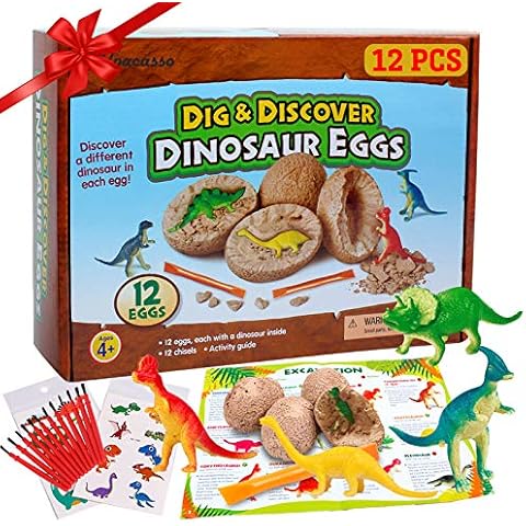 12 Stück Dinosaurier Eier Party Supplies Spielzeug, Dino Eier Dig Kit, Dino Eier zum Ausgraben Dinosaurier Party Favors STEM Spielzeug für Kinder im Alter von 4 5 6 + (2 Stück Tätowierungen) Cover
