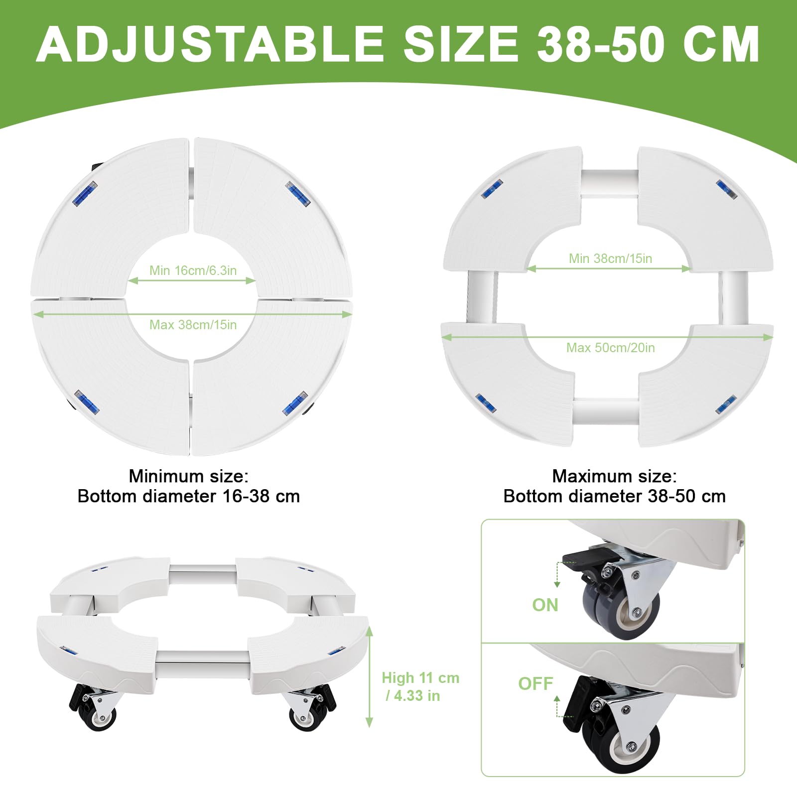 DEWEL Supporto per piante con ruote regolabile 38-51,5 cm, 200 kg,Bianco