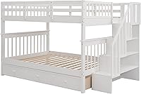 Vista 35 de Harper & Bright Designs Litera de tamaño matrimonial sobre matrimonial con 3 cajones, litera de madera maciza con almacenamiento y riel