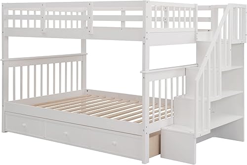 Miniatura 104 de Litera individual sobre matrimonial con cajones, escalera deslizante y almacenamiento, litera de madera con barandilla alta y escalera para niños,