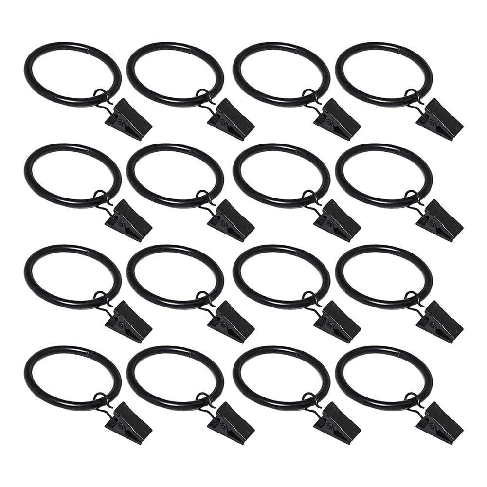 CTRLZS 16 Pack Curtain Rings with Clips,Window Clip Rings Black Curtain Hooks Hangers Clip Rings for Hanging,1.26 Inch Diameter Easy Install
