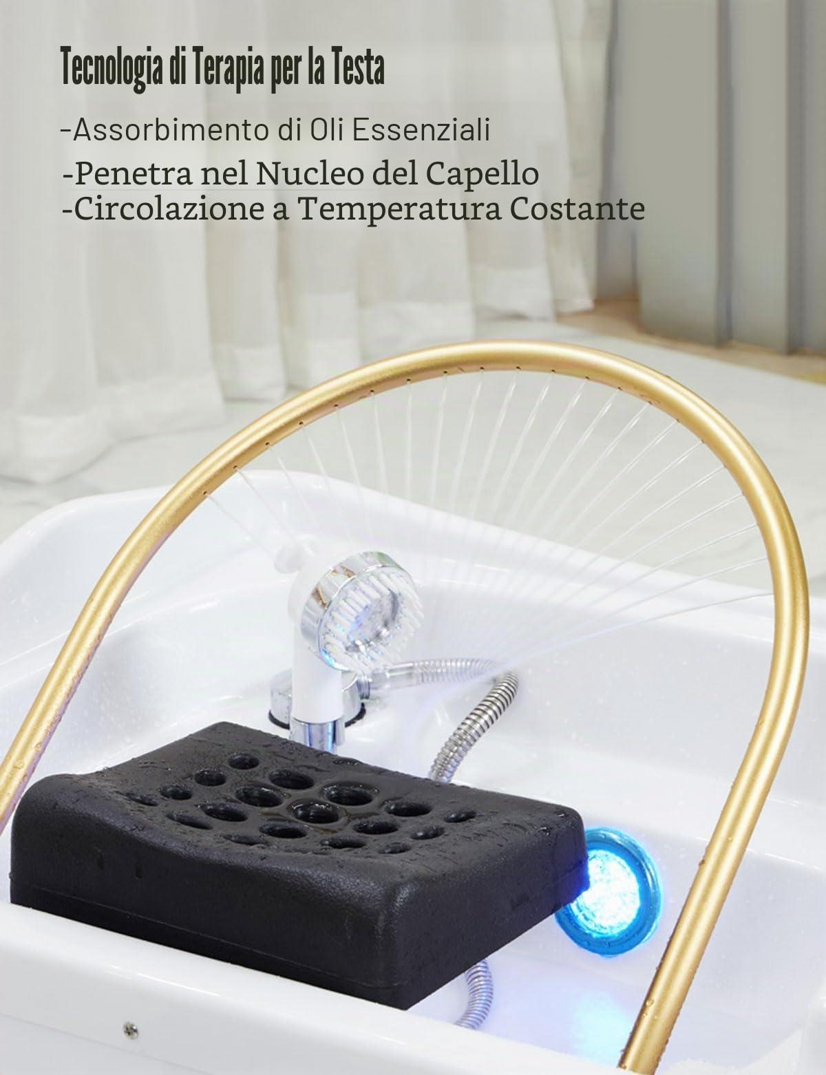 Head-spa dispositivo con cascata e massaggio idro-jet, vaschetta massaggiante professionale con cromoterapia a 7 colori, ideale per saloni, spa e casa (bianco)