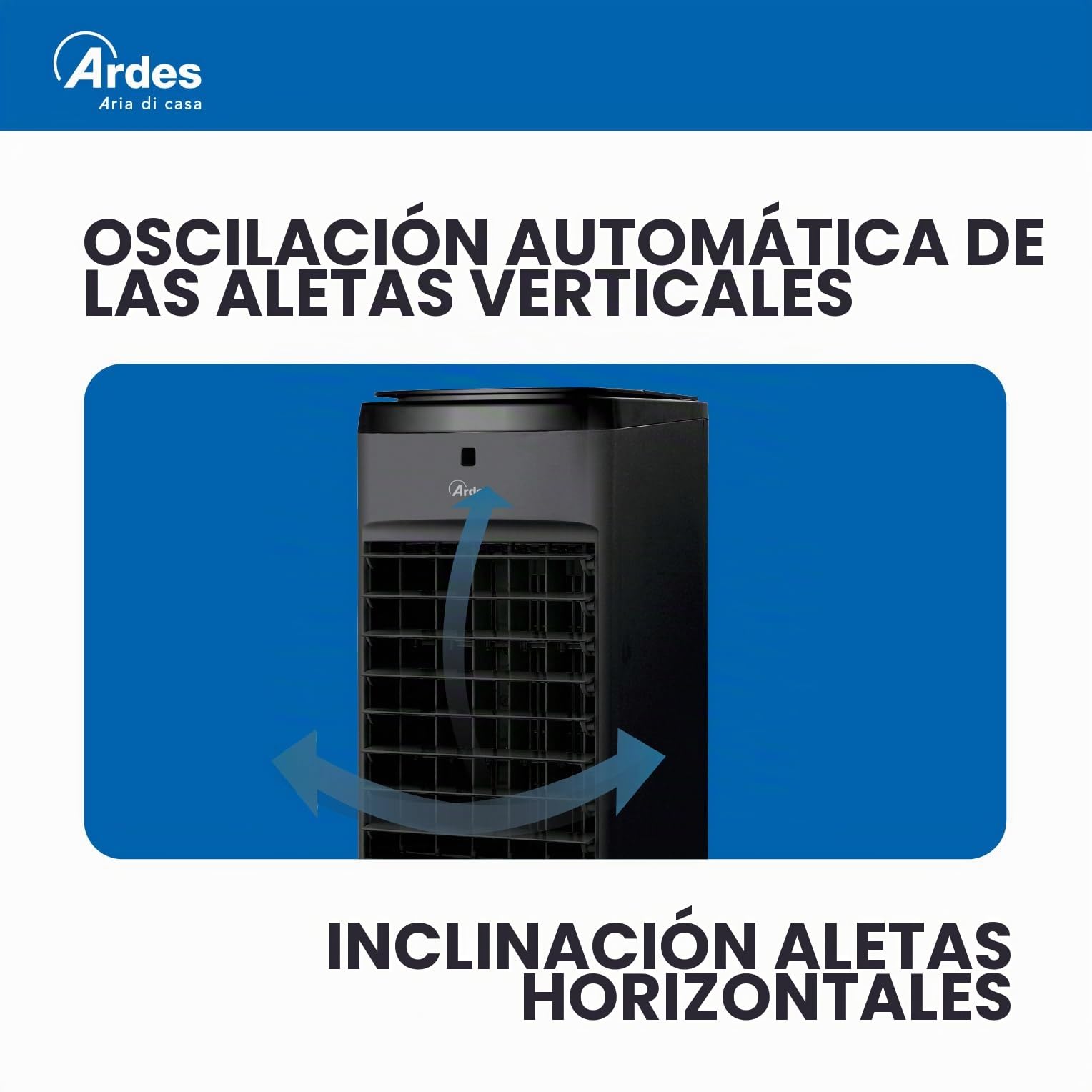 Ardes Penny Q-BLACK Climatizador Evaporativo 60W con Oscilación Automática, 3 Velocidades, Temporizador 7,5 h, mando, Panel Digital LED, Controles Táctiles, Depósito 4 L y Ruedas