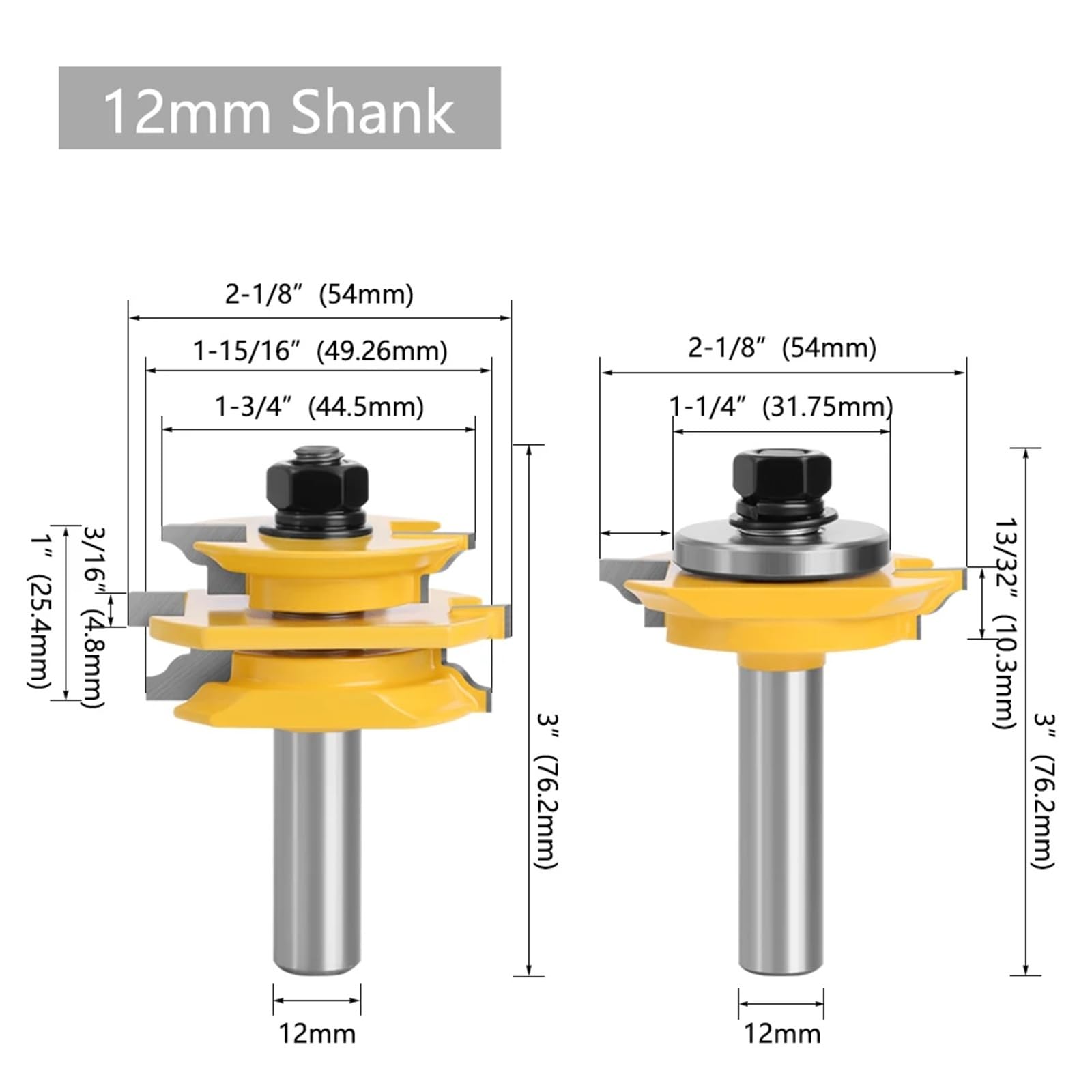 Fresa per incastri maschio-femmina, Set di 2 frese for porta in vetro con perline, gambo da 12 mm o,7(12mm Shank)