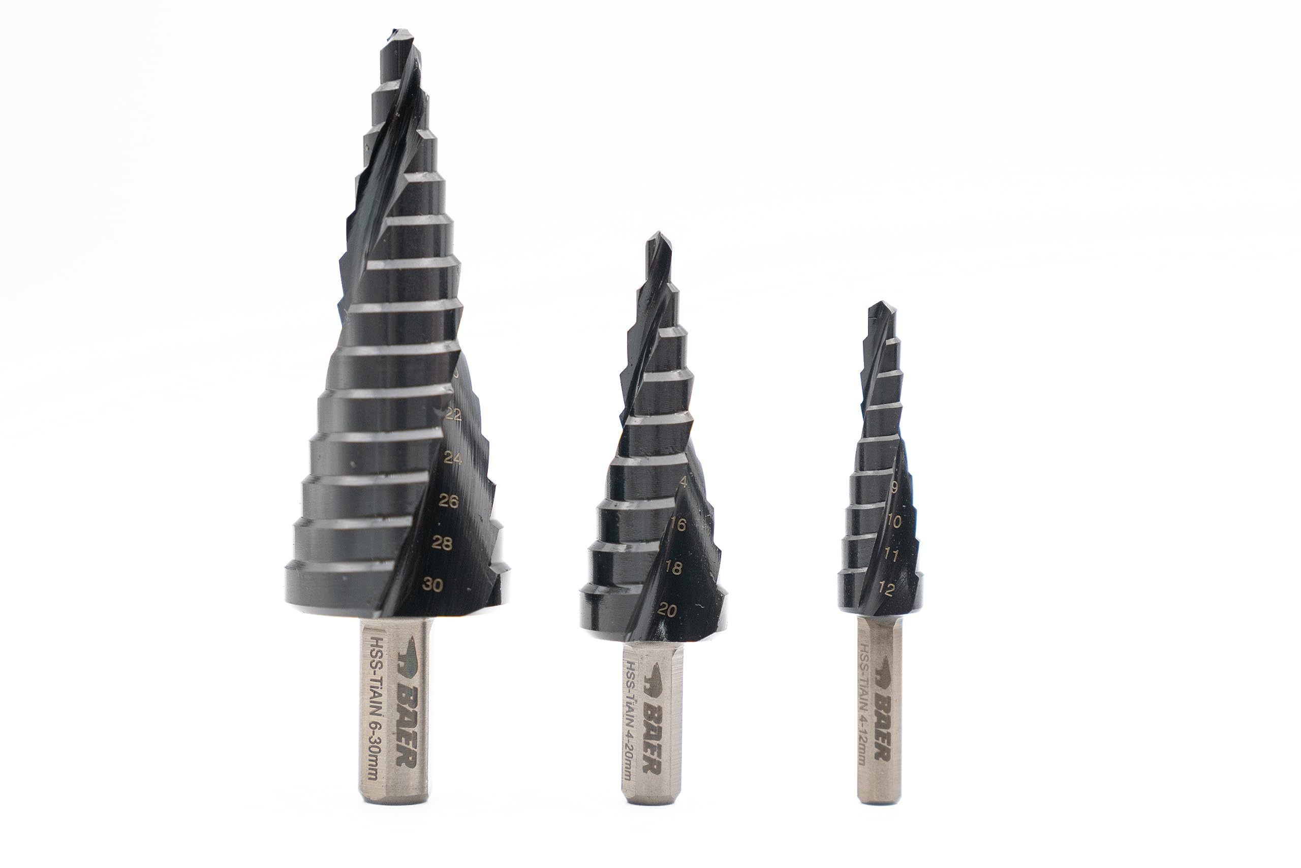 BAER Stufenbohrer Set 4-30 mm (4-12) (4-20) (6-30), HSS-TiAlN, Kegelbohrer, Schälbohrer, Konusbohrer, Baustähle, CrNi-Stähle, NE-Metalle & Edelstähle bis 6mm Stärke