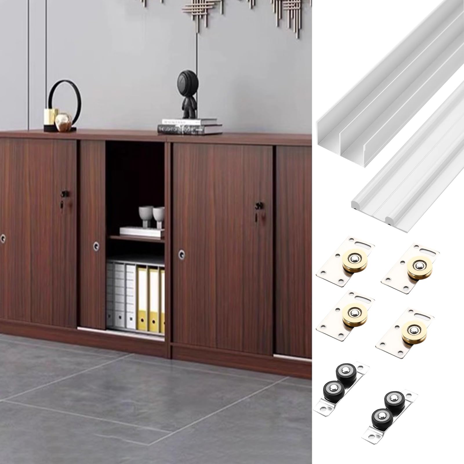 Jievmrs White Sliding Closet Door Hardware Kit For 2 Bypass Door, Interior Pocket Door Rollers Rail With Lower Track, Kitchen, Cabinets, Study Sliding Door Track(,46Inch/116.8Cm)