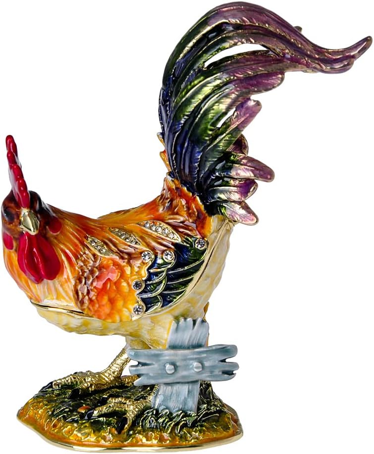 Chicken Trinket Box with Golden Crystal Enamel Design, Elegant Home Decor & Unique Gift for Animal Lovers, Farmhouse Style, or Seasonal Décor