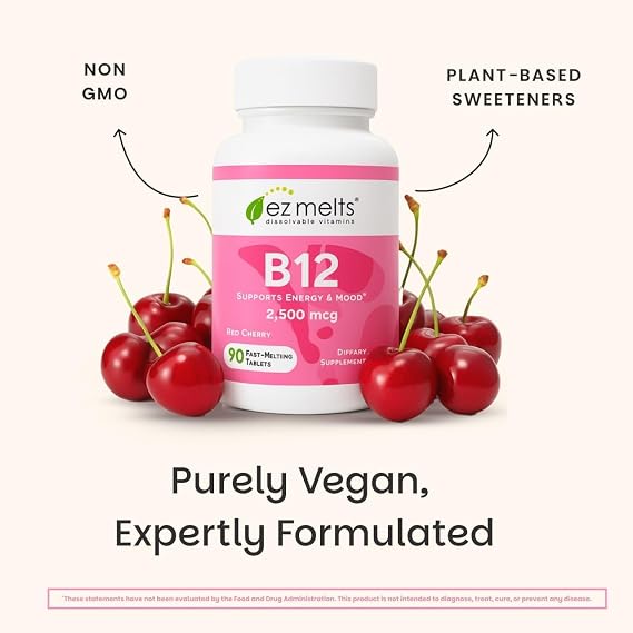 EZ Melts Dissolvable B12 Methylcobalamin 2,500 mcg - Vitamin B12 for Energy & Immune Support - Non-GMO, Vegan & Gluten-Free - Red Cherry - 90 Sublingual Tablets (2 Pack, 180 Servings)