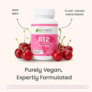 EZ Melts Dissolvable B12 Methylcobalamin 2,500 mcg - Vitamin B12 for Energy & Immune Support - Non-GMO, Vegan & Gluten-Free - Red Cherry - 90 Sublingual Tablets (2 Pack, 180 Servings)