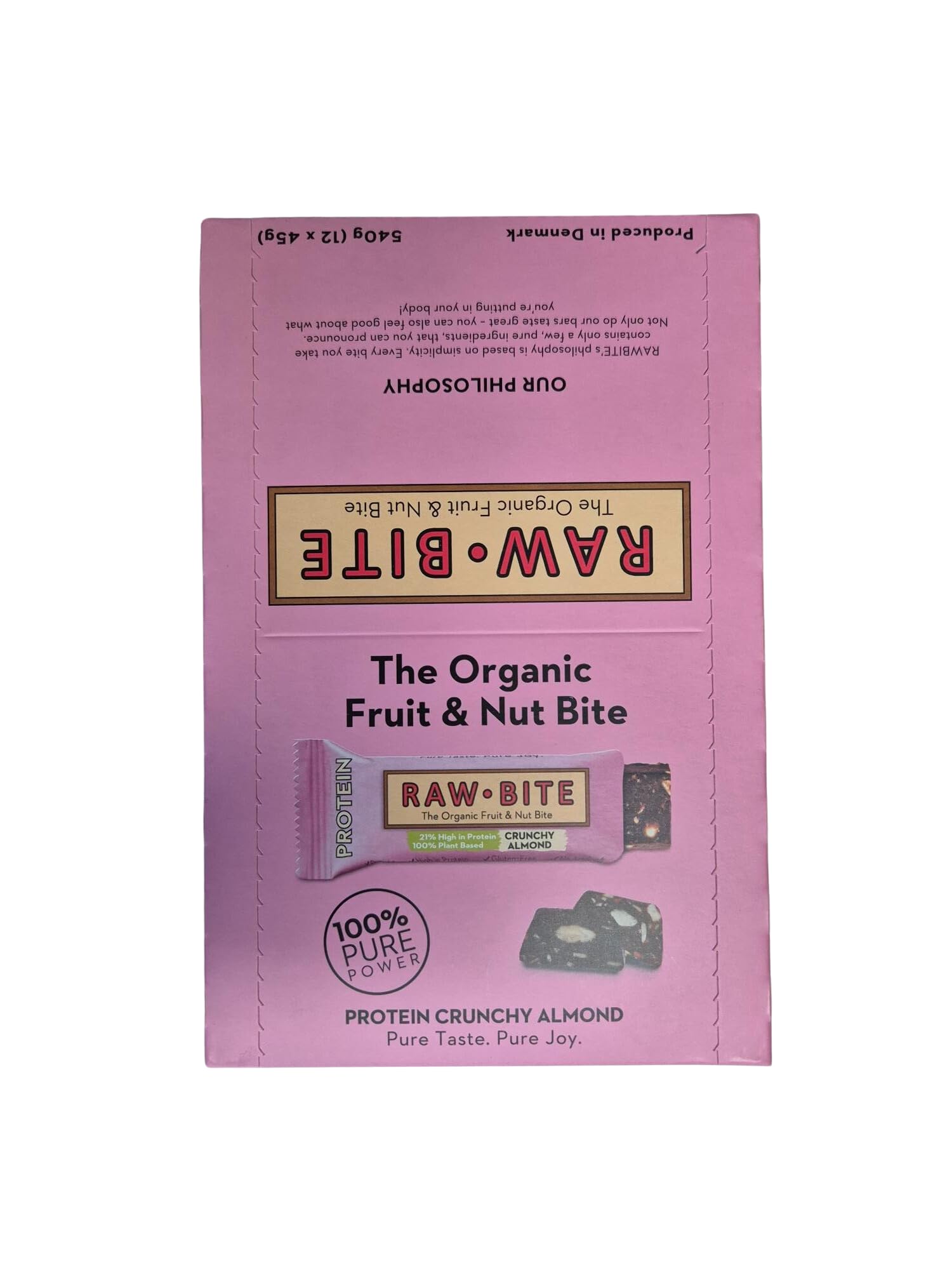 Raw Bite Protein Riegel Crunchy Almond mit 21g Eiweiß High in Protein 12 Bio Proteinriegel in Vorteilsbox mit Reisprotein, Datteln, Mandeln, Kürbiskernen & Kakao , 12 x 45 g