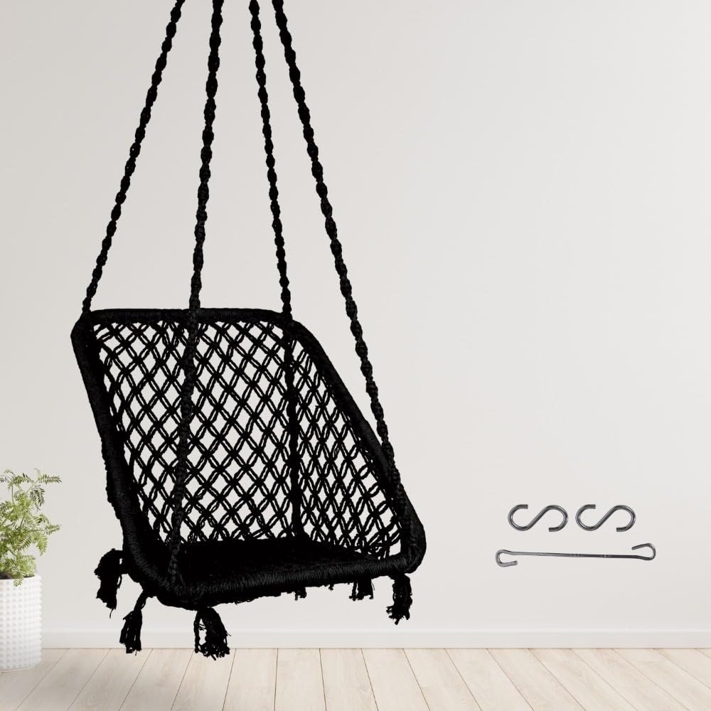 Curio Centre Make in India Cotton Rectangle Hanging Swing/Hammock Chair with Hanging Accessories for Home & Balcony/Swing Chair for Indoor and Outdoor/Swing Chair for Adults (147x86x64 cm, Black)