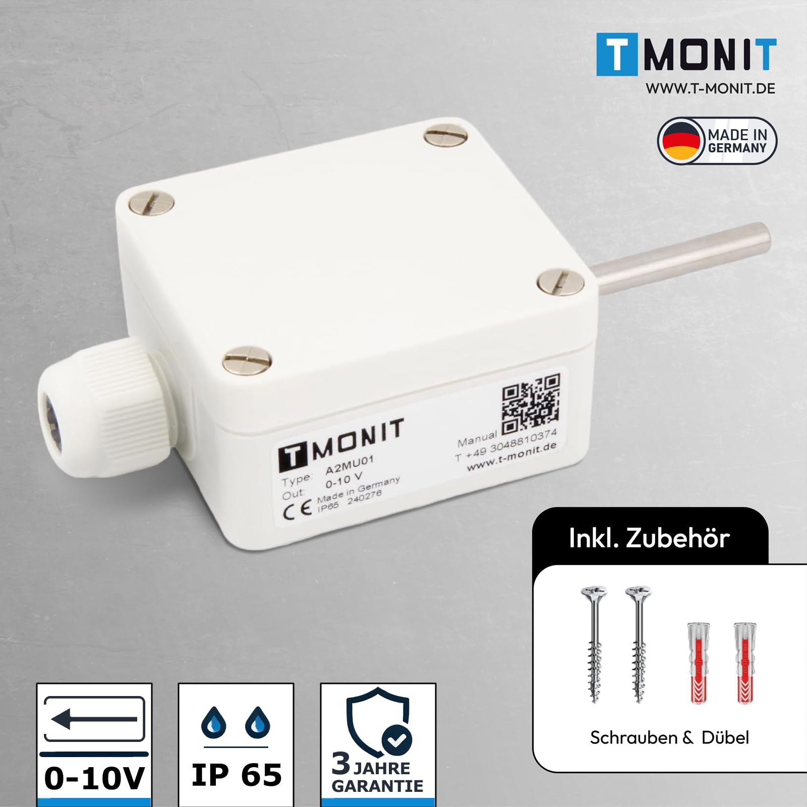 Transducteur de température extérieure 0-10 V ou 4-20 mA | Plage de mesure réglable | Fabriqué en Allemagne | Réponse rapide | Capteur PT1000, IP65, industrie, chauffage, ventilation