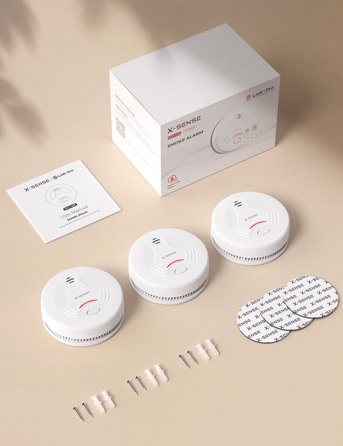 X-Sense Detector de humo para el hogar, requiere estación base SBS50, control todo en uno con la aplicación X-Sense Home Security, SD11-MR, paquete de 3