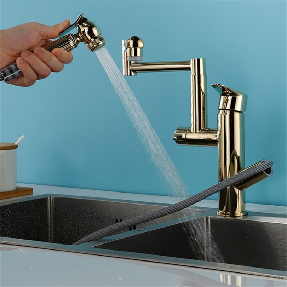 BHFPFZA Gold Chandelier Kitchen FaucetSolid Brass PullOut Mixer Tap 360° Rotating Single Handle Hot & Cold Sink Faucet for Modern Kitchens