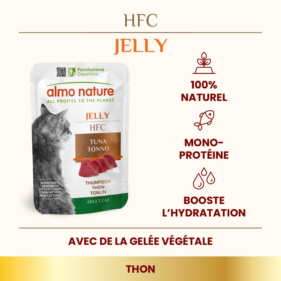 Almo Nature HFC Jelly – Nourriture Humide pour Chats Adultes – Thon – 55 g, Lot de 24 Sachets
