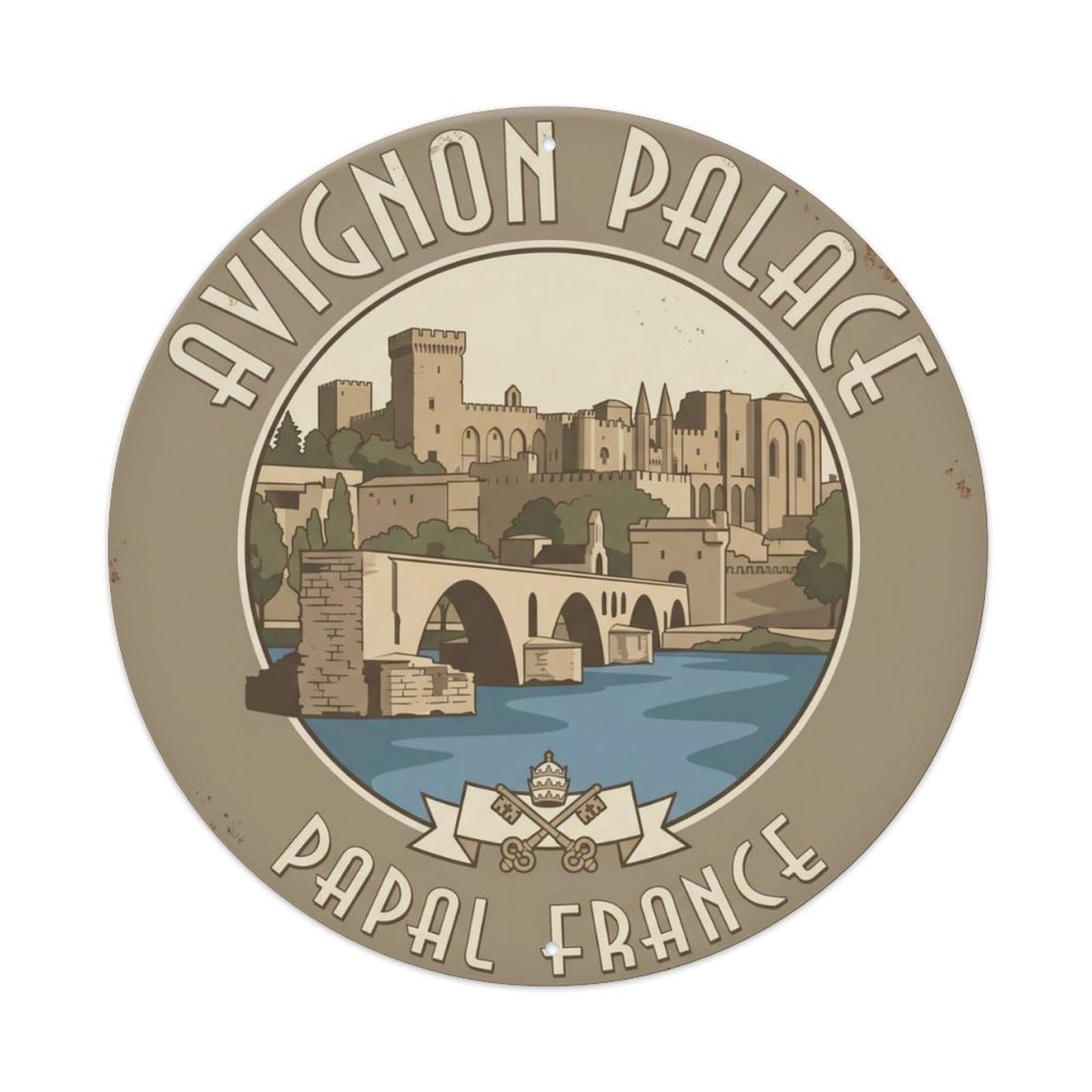 Avignon Palace Papal France Fortress Metal Tin Sign Plaque Wall Decor for Cafe, Club Bar, Office, Home Garden Round Metal Poster 8x8Inch