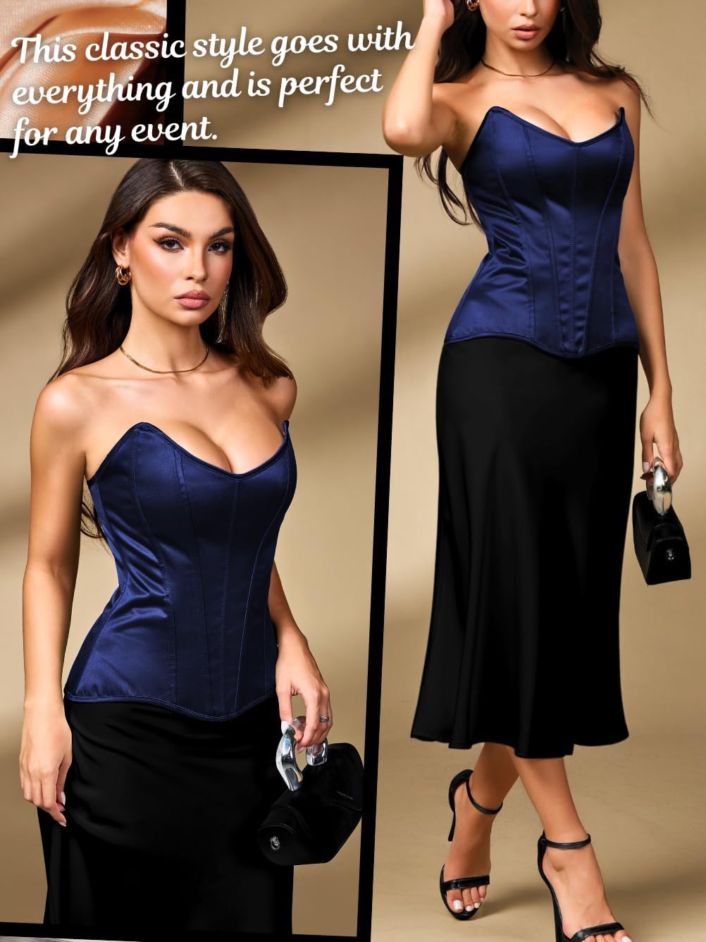 EHSUYAB Women Satin Overbust Corset Top, 15 Steel Boned Lace Up Shapewear, Xs-6Xl Sexy Bustier Formal Evening Party Going Out