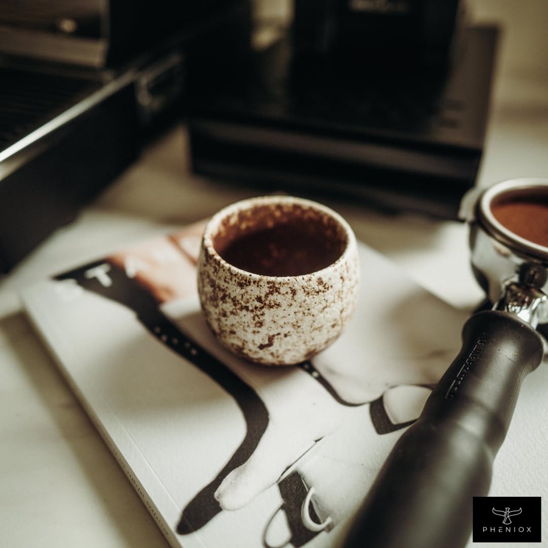 Pheniox Juego de tazas de espresso Timeout, 5 x 90 ml, tazas de gres de alta calidad, juego de tazas de espresso, sin asa, regalo en diseño moderno, apto para lavavajillas, moca, té, sake