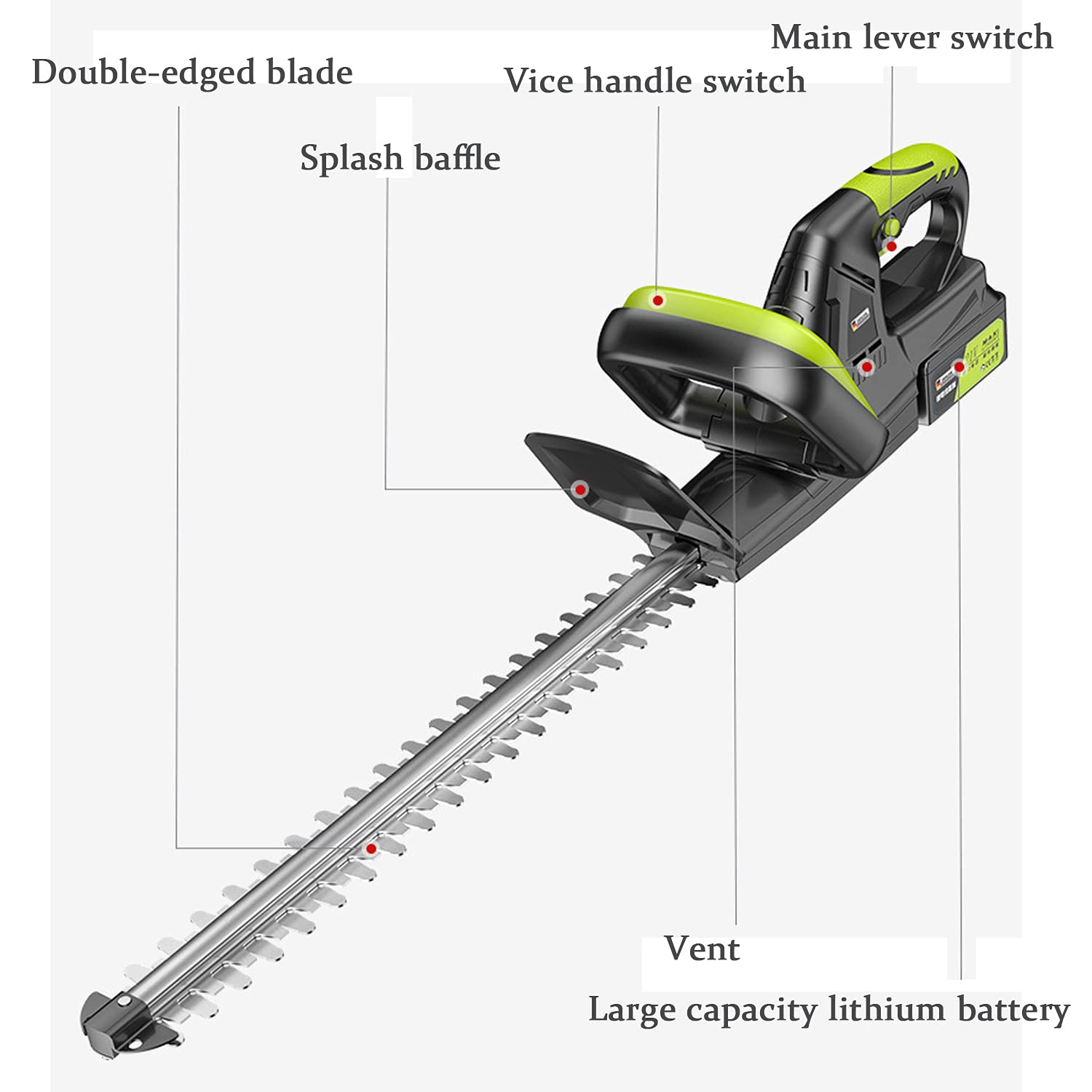 Cortasetos Eléctrico Sin Cable Recortasetos para Exterior con Batería, 80 cm de Longitud de la Hoja, Interruptor de Seguridad, Diseño Antivibraciones, Mango D