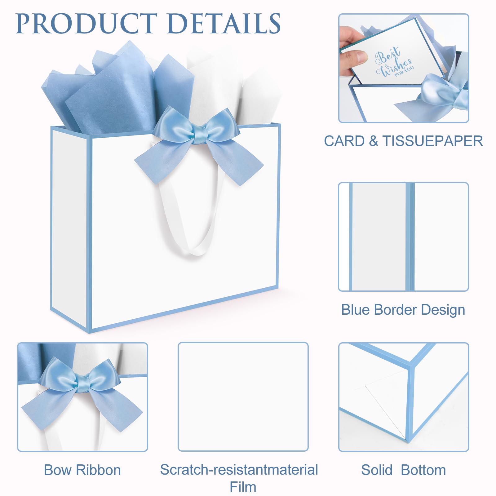Ethhqu 3 Pack Elegant Large Gift Bags with Handles, 12.6x10x4 Inch - Set Includes Tissue Paper & Cards for Birthday, Baby Shower, Wedding, Anniversary, Mothers Day & Holiday Gifts (3Pcs White with Blue Rim)