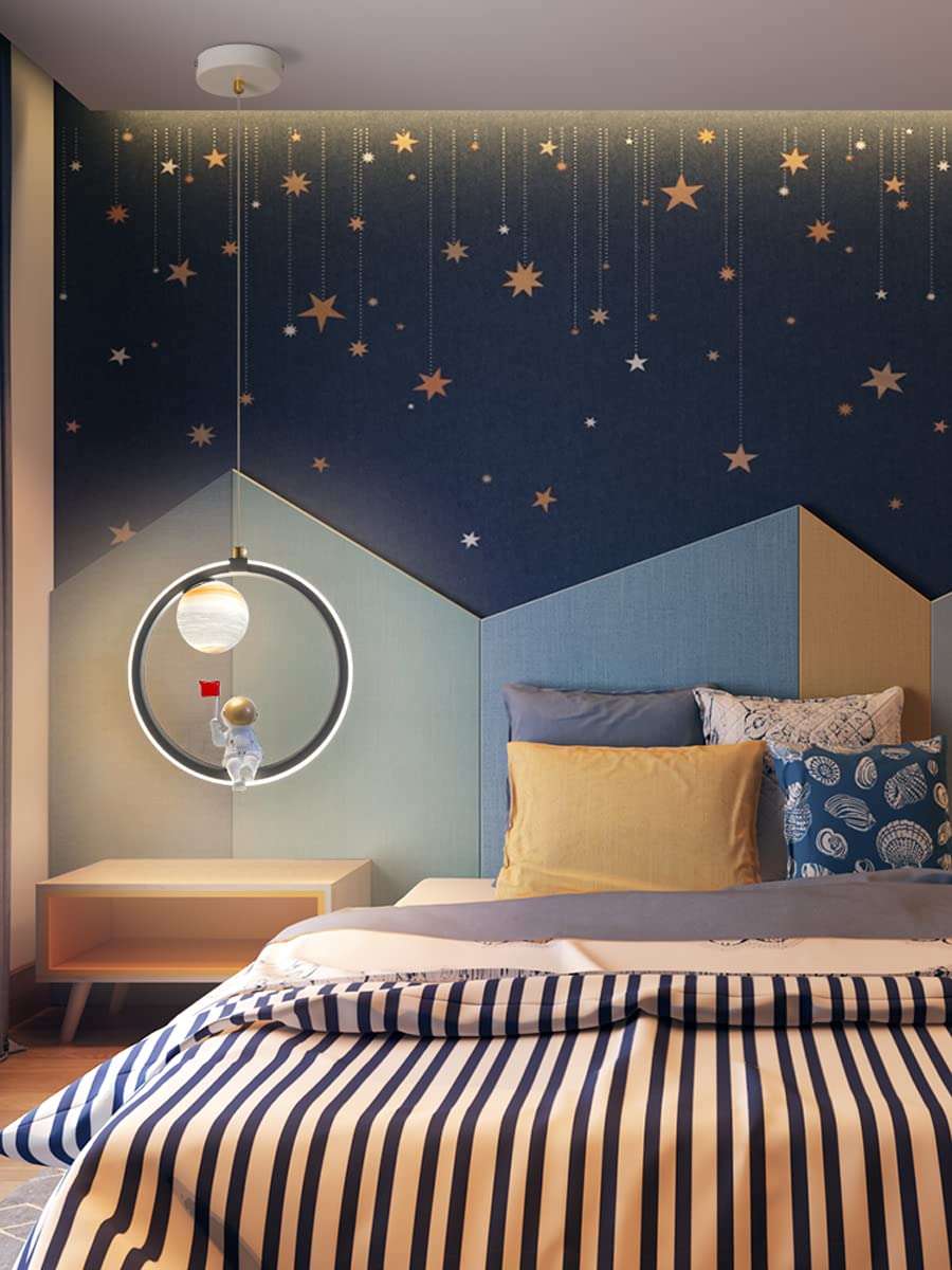 16W LED Lampadario Cameretta Bambini, Creativo Astronauta Luna Lampada a Sospensione Lampada da Bambini 3000K-6000K Lampada da Soffitto per ragazze Ragazzi Camera da Letto Decorazione (A