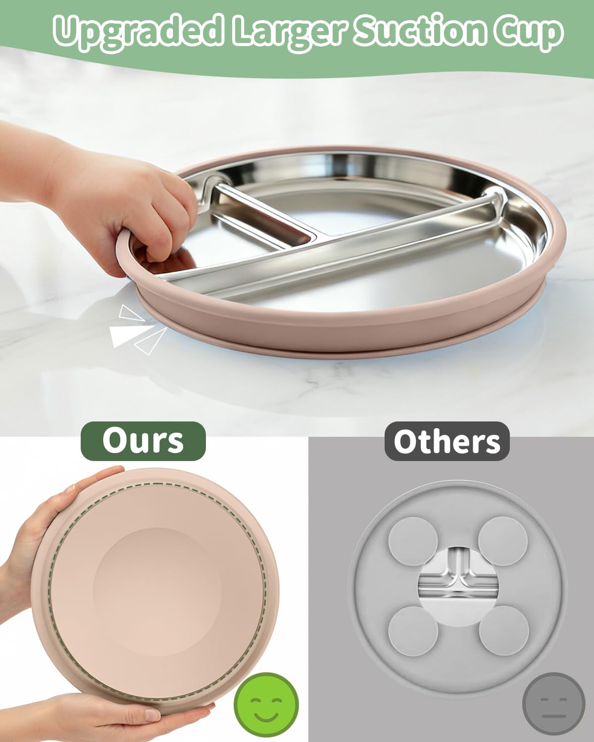 2 piatti per bambini in acciaio inox con grande ventosa, diametro 20 cm, con custodia in silicone rimovibile, lavabili in lavastoviglie, atossici e senza BPA (verde bianco)