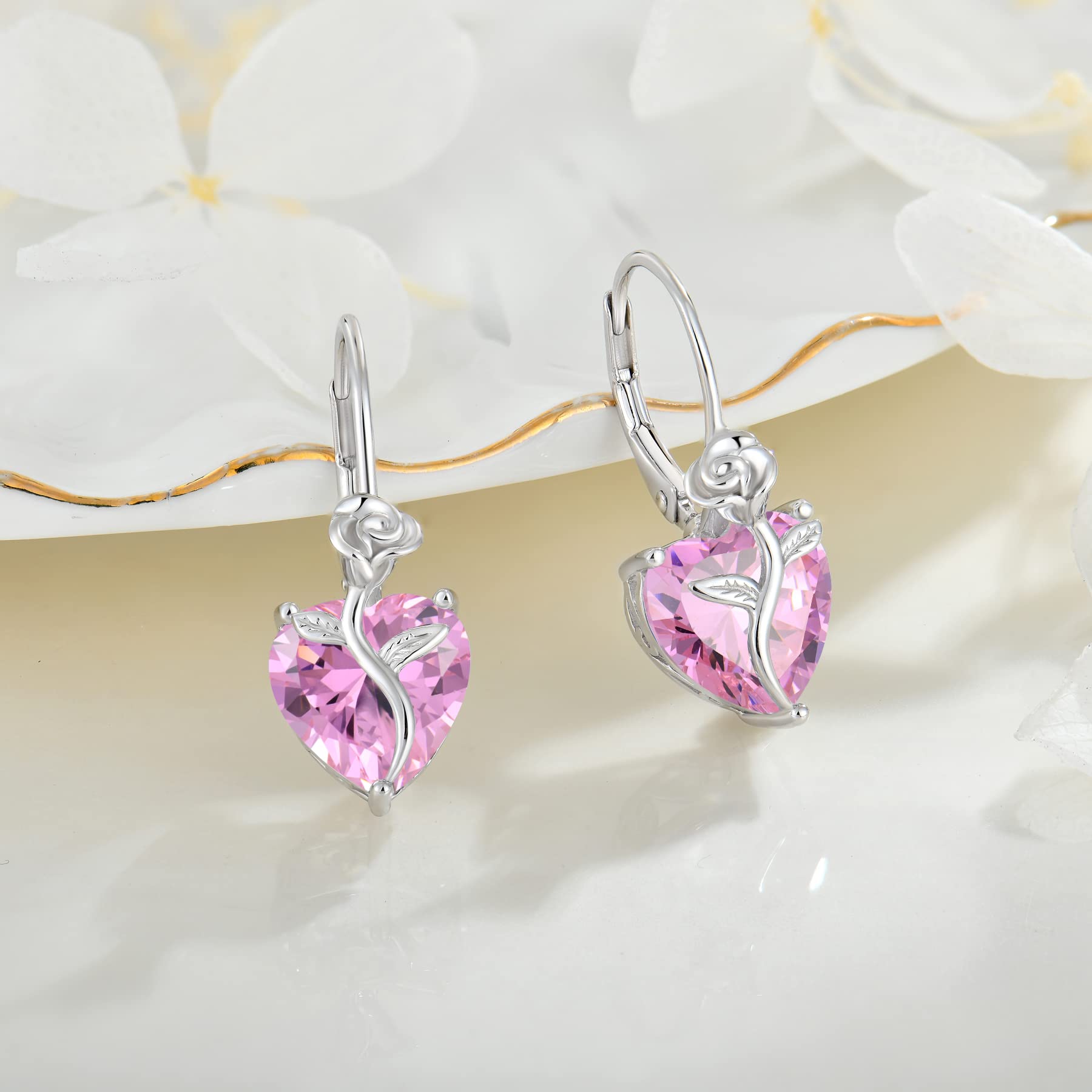 FJ Pendientes Corazón Colgantes Mujer Plata de Ley 925 Pendientes Piedra de Nacimiento Pendientes de Palanca Flor Rosa Joyas para Mujer Mamá Esposa Novia