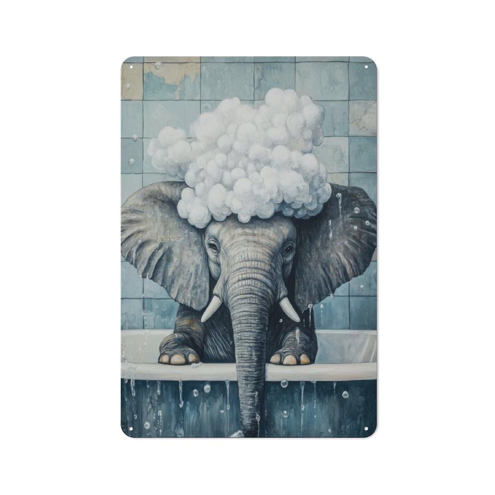 Junmoney Style-17 Elephant In A Bath Retro Metal Plaque 30X20cm For Living Room Or Hallway, Suited To Hallway Decor Fans