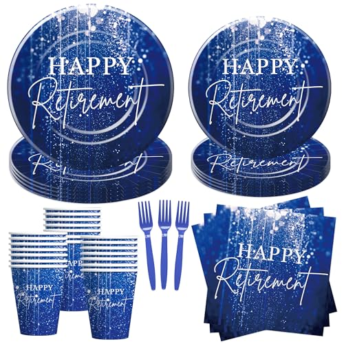 Xenorik Blue Retirement Party Decorations Tableware For Women Men - Happy Retirement Party Supplies, Retirement Paper Plate, Cup, Napkin, Fork, Disposable Retirement Table Decorations | Serve 24