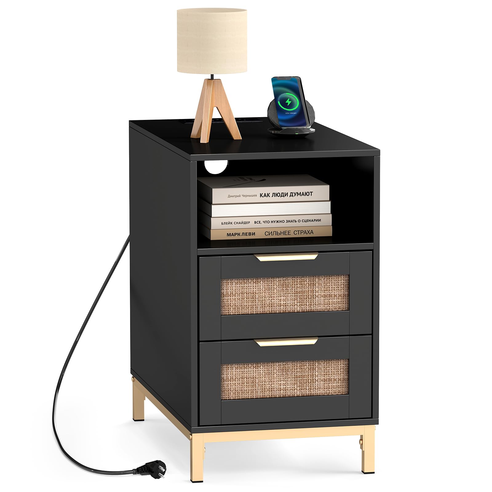 SOARS Comodino con Stazione di Ricarica Integrata, Tavolino da Notte Stile Boho in Rattan, 2 Cassetti & Ripiano Aperto, Piedini in Metallo Robusti, Mobiletto per Camera da Letto (Nero,1)
