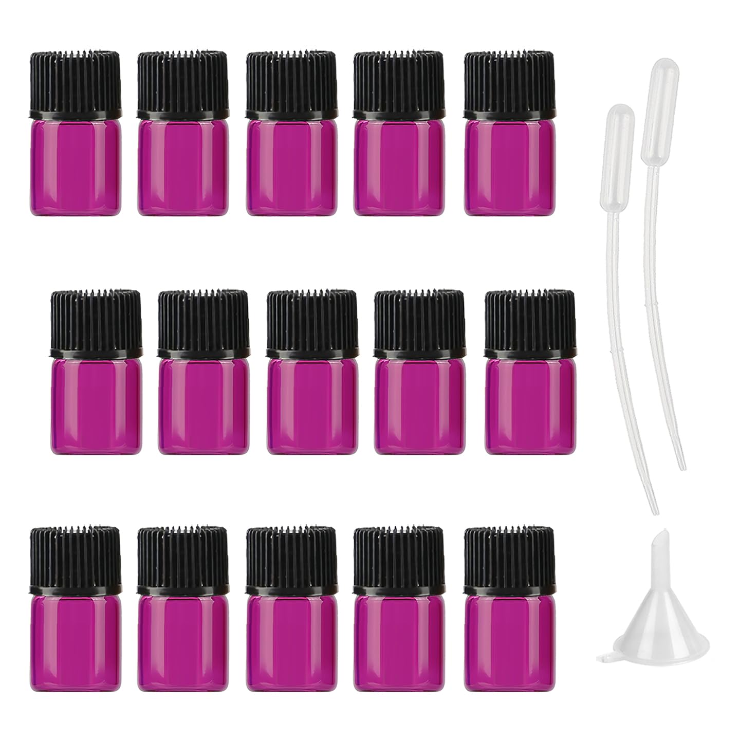 200 Piezas Rosa fuerte 2ml Botellas Vacías de Aceite Esencial de Vidrio con Tapón Gotero Negro Frascos de Vidrio de Muestra con Reductor de orificio para Cosmético, Aromaterapia, Viajes