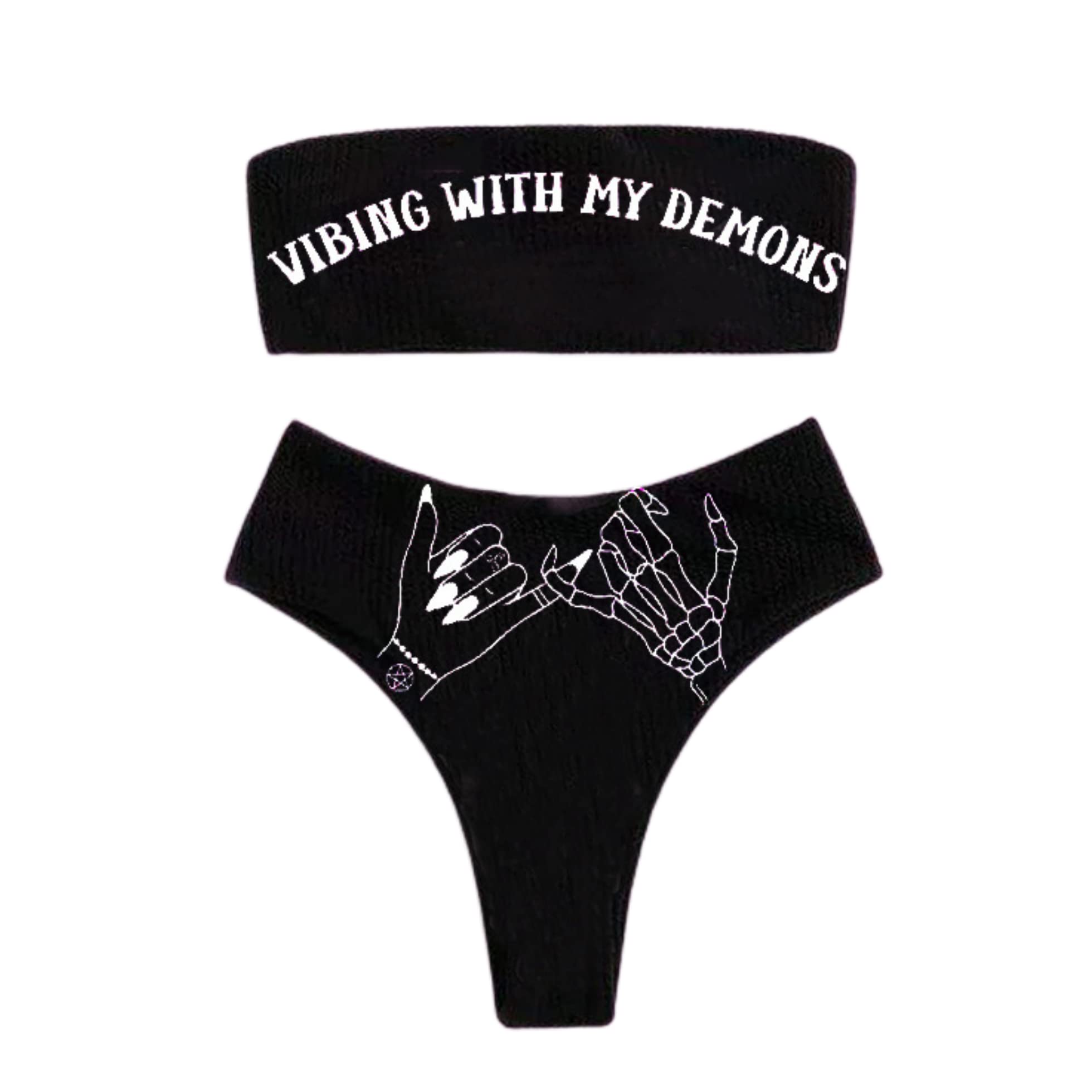 JUMISEEWomen Skull Letter Pattern Goth Bikini Set 2 Piece High Waist Bandeau Swimsuit