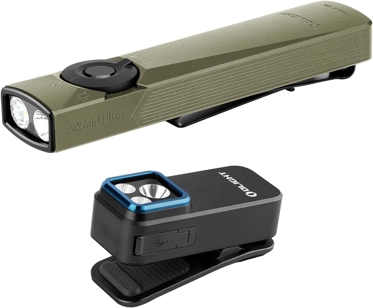 Lampe Torche Plate OLIGHT Arkfeld Ultra EDC 1400 Lumens - 3 En 1 : LED Blanche, UV Et Laser Vert - Rechargeable, Parfaite Pour Vérification Et Travail - Gris Olive