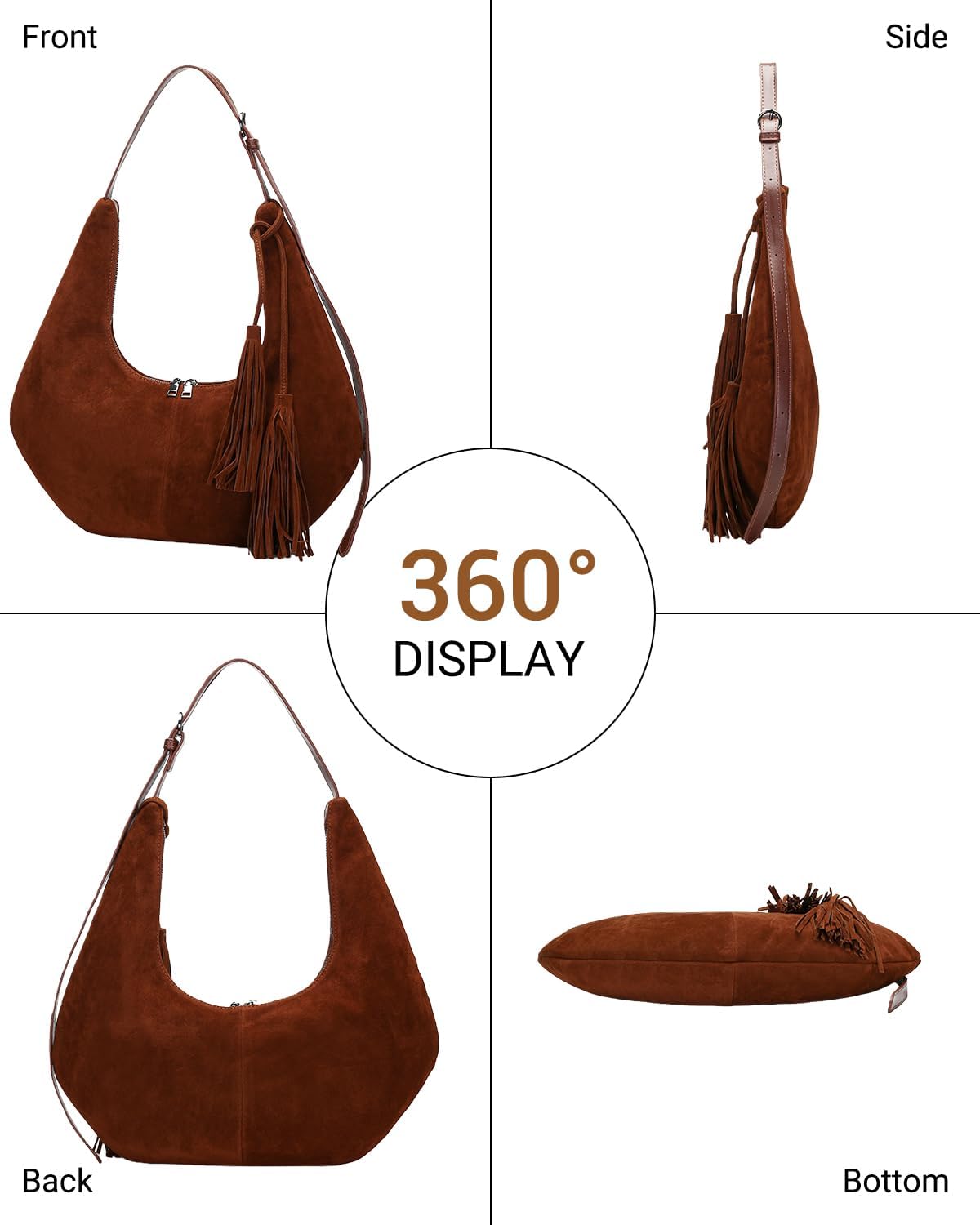 Herald Tassel Suede Hobo Shoulder Bag for Women, Retro Slouchy Crescent Crossbody Purse Handbag with Adjustable Strap - Image 4