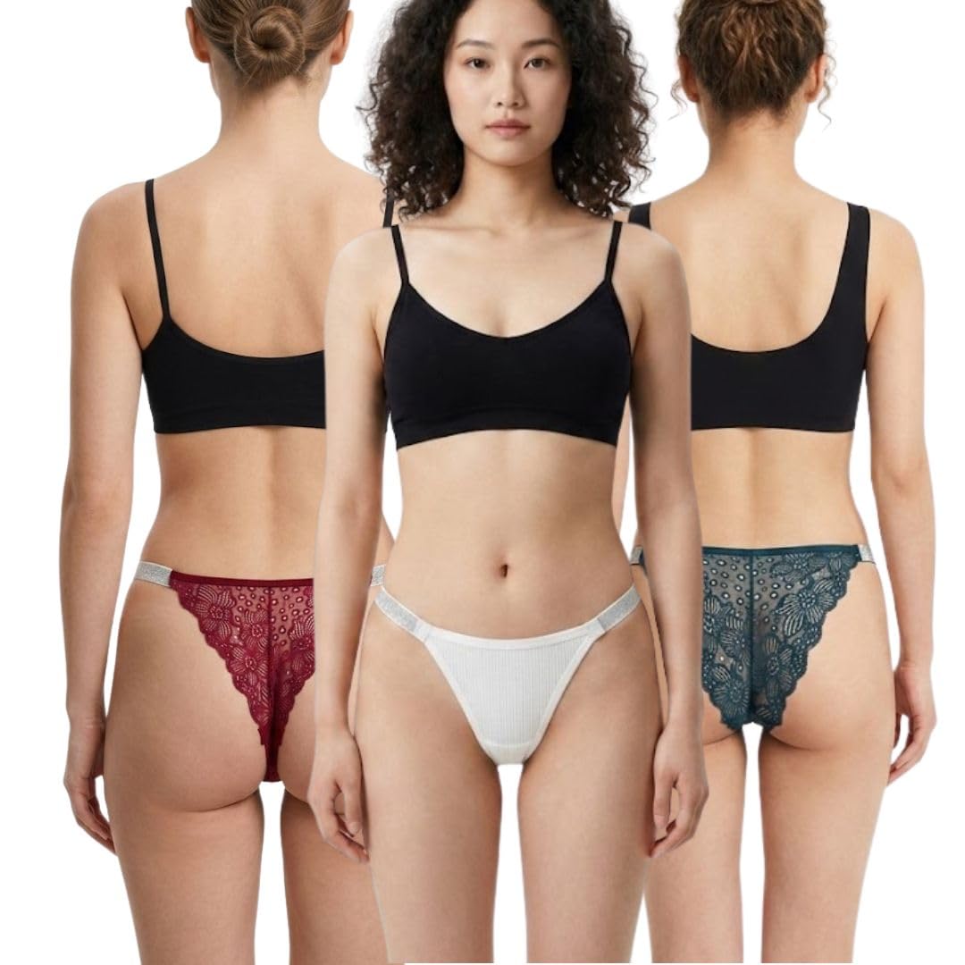 Women Shine Strap G-String Thongs Underwear – Low Rise Stretchable Lace Bikini Panty Pack of 3-image-30