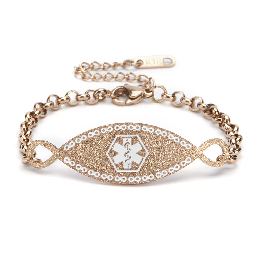 Personalized Rose Gold Medical Alert ID Bracelet Customized Medical Alert Jewelry Emergency ID Bracelets for Women Adjustable 6-7.5 Inch Free Engraving
