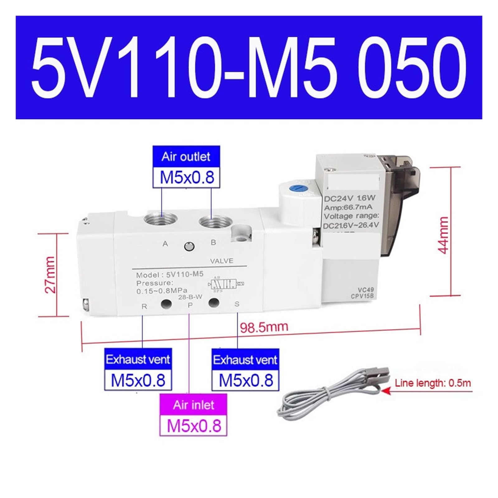 5V110 Pneumatisches Einzelmagnetventil, 5/2 Wege M5 1/8" PT pneumatisches Wegeventil for die industrielle Automatisierung(5V110-M5 050,AC24V)