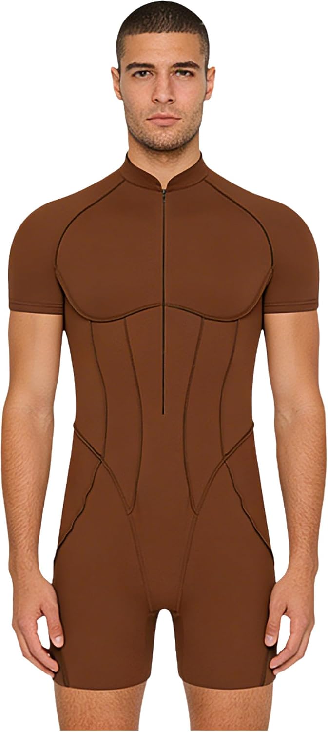 Lejafay Mens Short Sleeve Bodysuit Front Zip Unitard Workout Singlets One-piece Pajamas Boxer Rompers