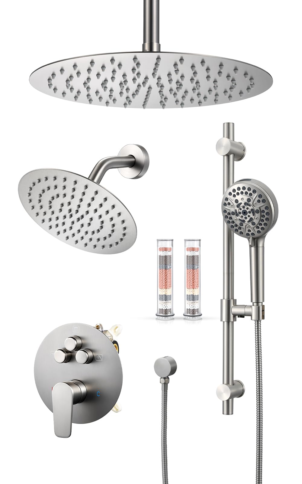 Woindo Shower Faucet Set with Slide Bar, 12" Rain Shower Head/8'' Side Shower Head and 10 Setting Handheld Ceiling Mount 3 Push Button Diverter Complete Rainfall Shower System Included Valve Trim Kit